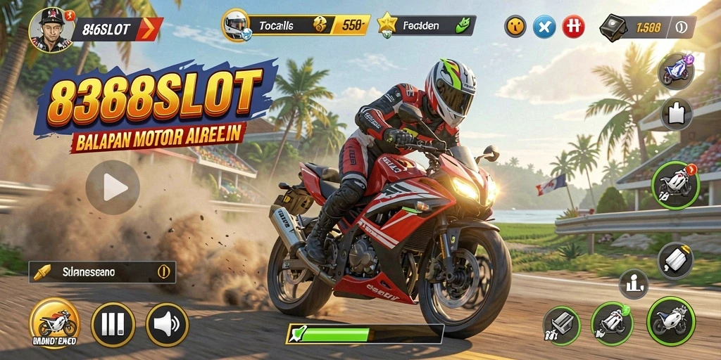 Tampilan gameplay mendebarkan di 8368SLOT dengan balapan motor yang seru.