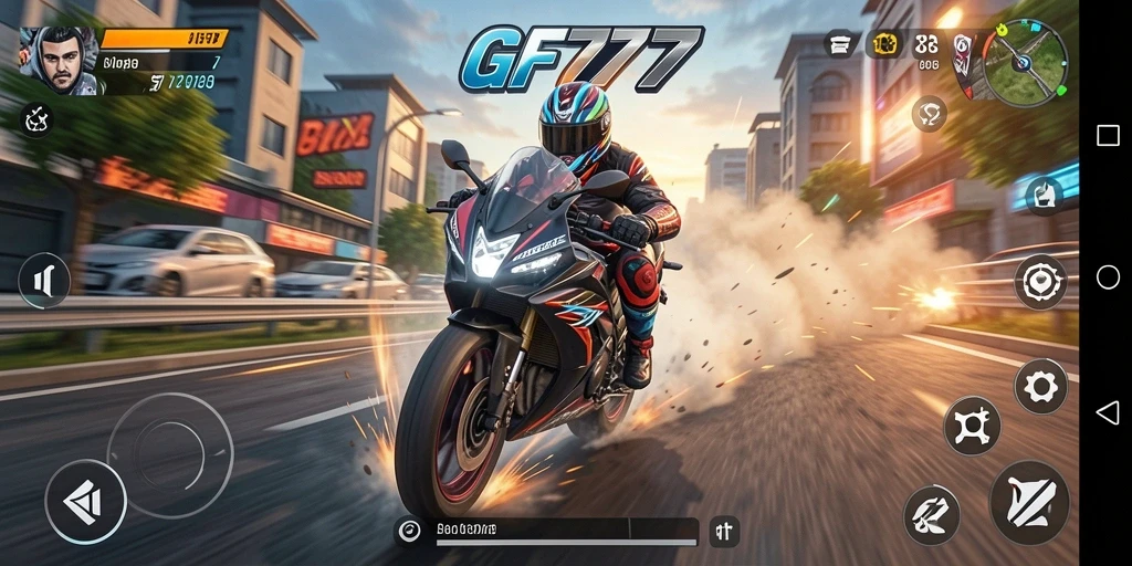 Screenshot gameplay GF777 menunjukkan aksi balapan motor yang seru.