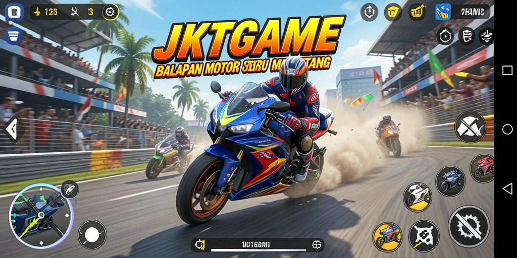 Screenshot utama gameplay JKTGAME menampilkan aksi balapan motor yang mendebarkan.