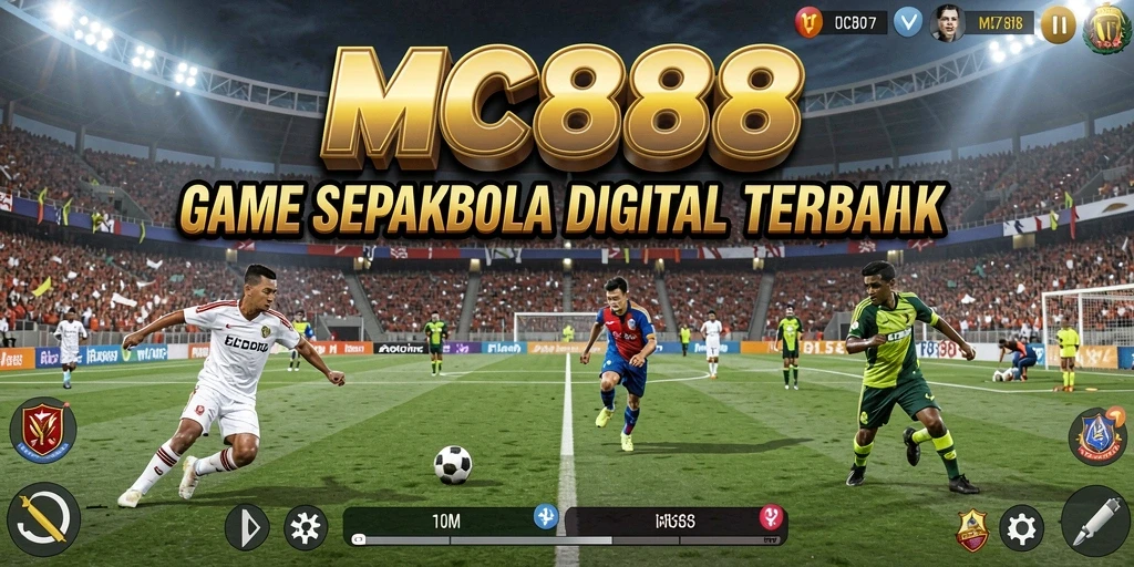 Tampilan gameplay menegangkan dalam MC888, memperlihatkan aksi sepakbola yang seru.