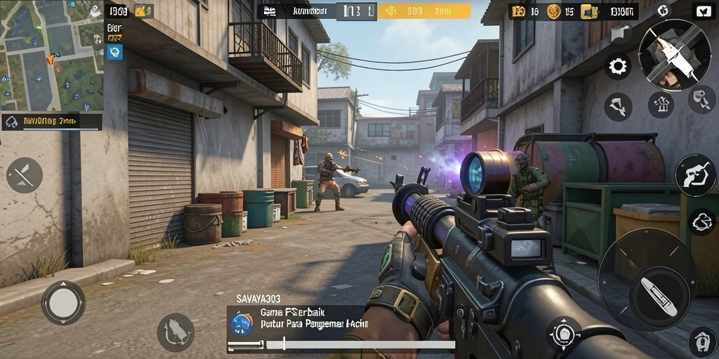 Tampilan screenshot menunjukkan aksi seru dalam permainan FPS.
